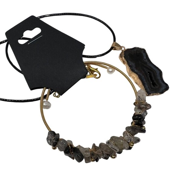 Black Agate Tourmalinated Quartz Bracelet and Necklace Bundle Jewelry Set - Picture 6 of 11